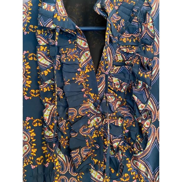 Anthropologie Jenny Han Silk Teal Floral Short Sleeve Ruffle Front Mini Shift Dr - Picture 2 of 5